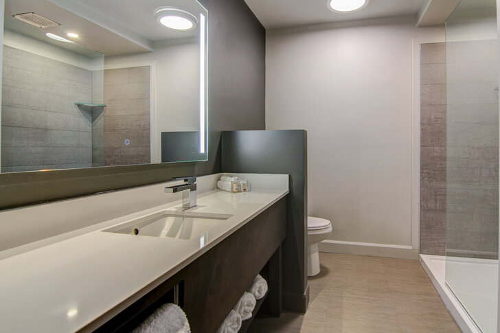 Salle de bain moderne avec douche vitrée et grand miroir
