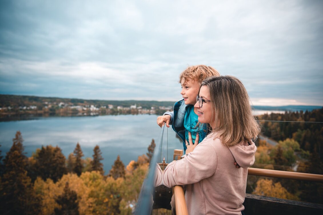 Image de maman et son garçon regardant lac à l'horizon