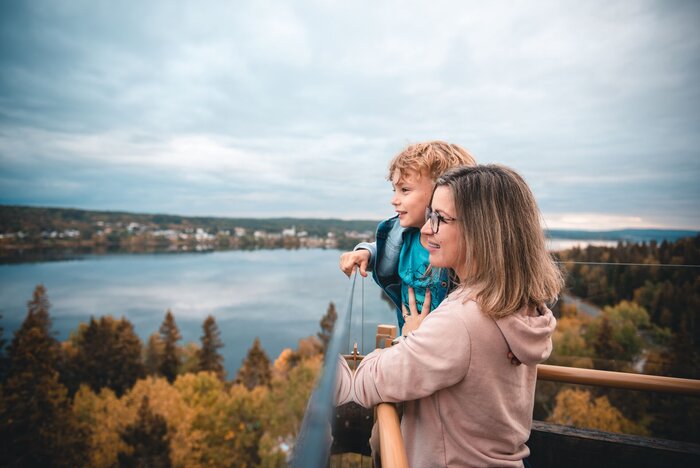 Image de maman et son garçon regardant lac à l'horizon