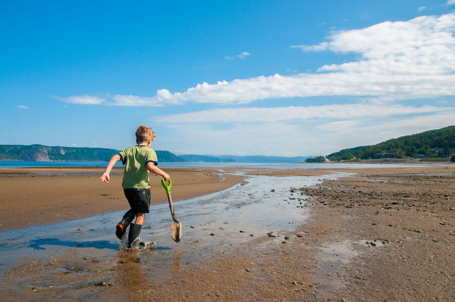Child exploring tidal flats with shovel by fjord shore