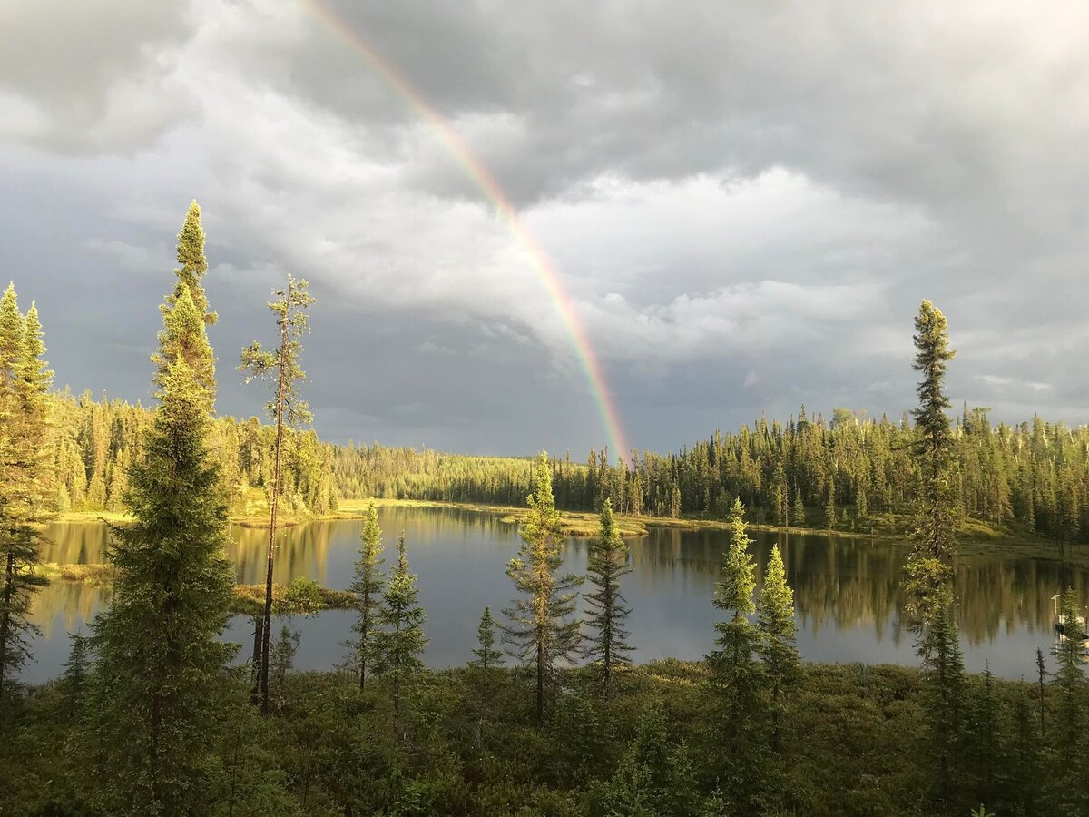 Natural landscape with a rainbow at the Zec Rivière-aux-Rats
